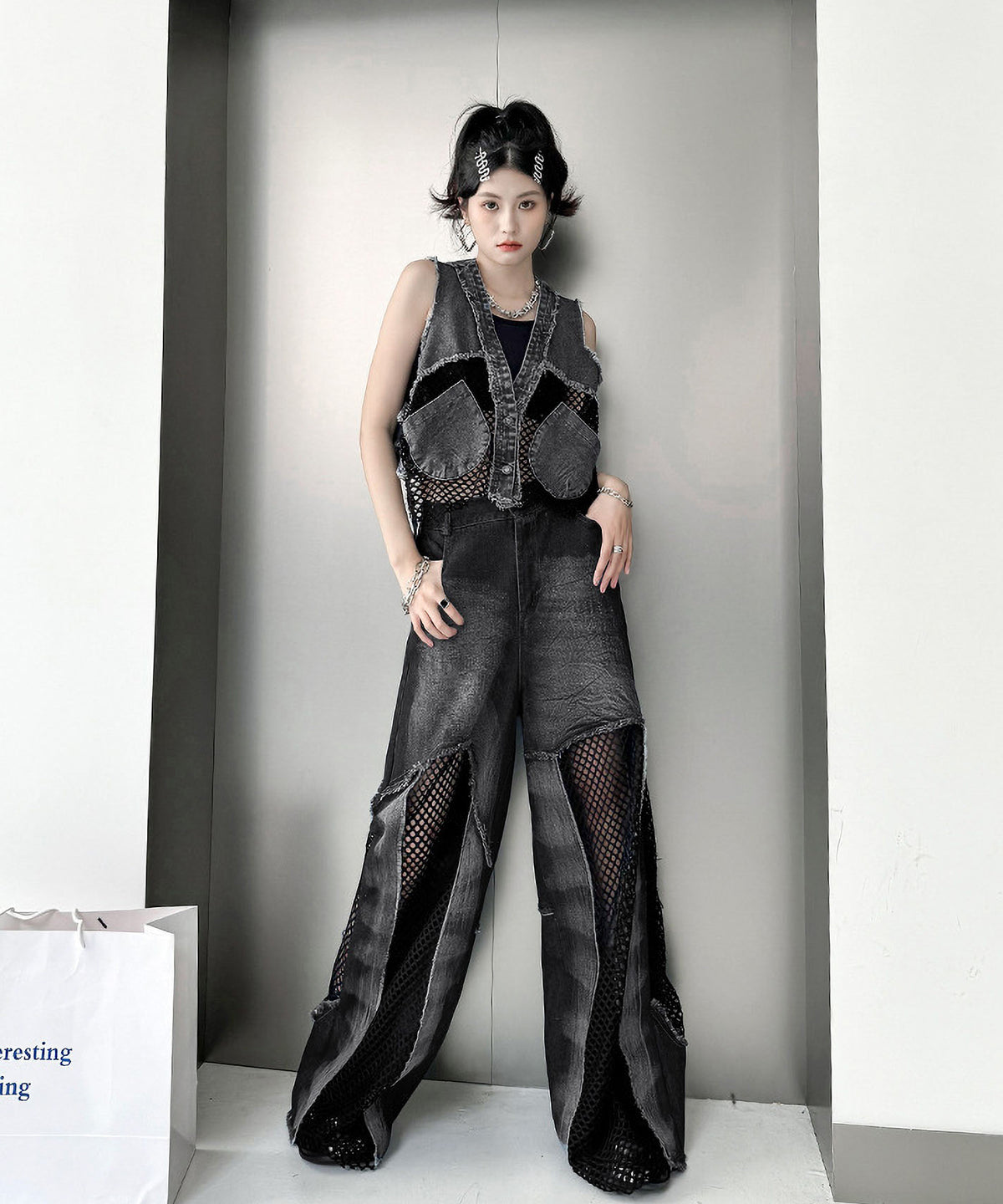 Mesh denim pants