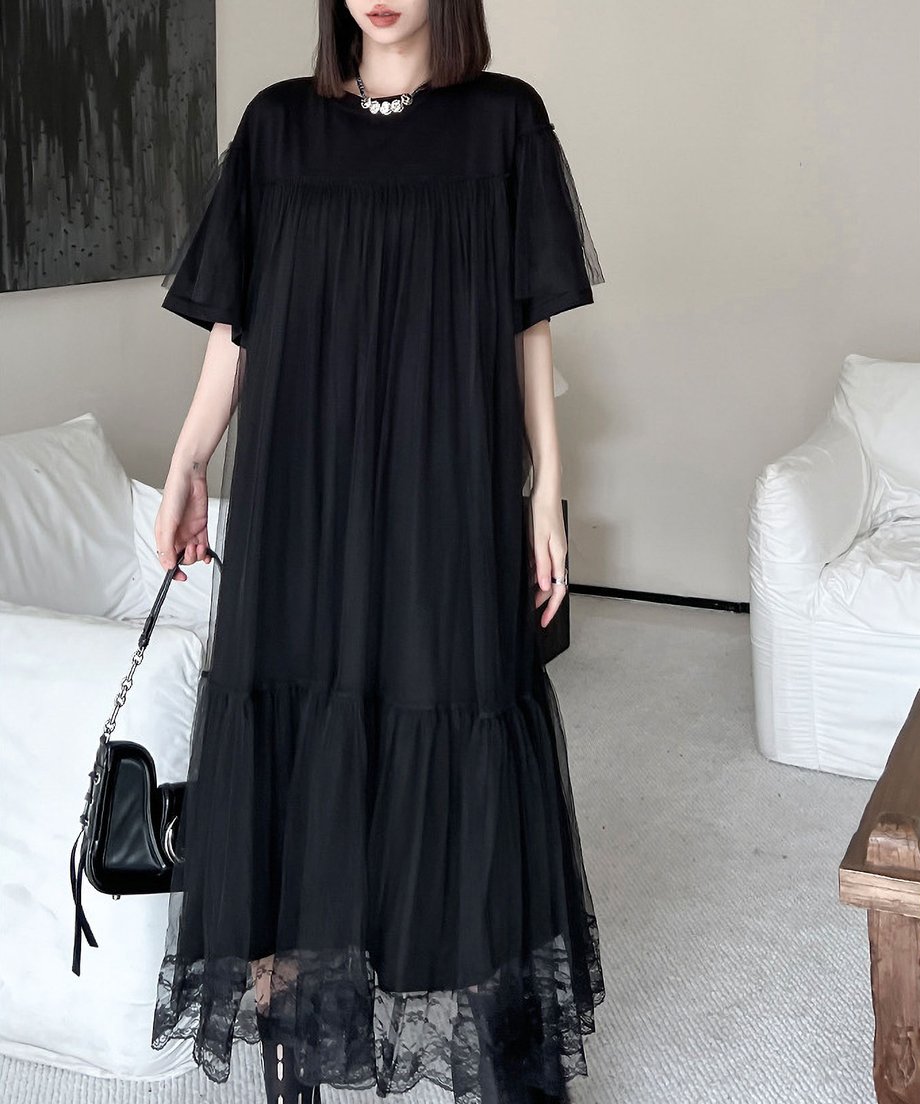 Mesh layered flared dress