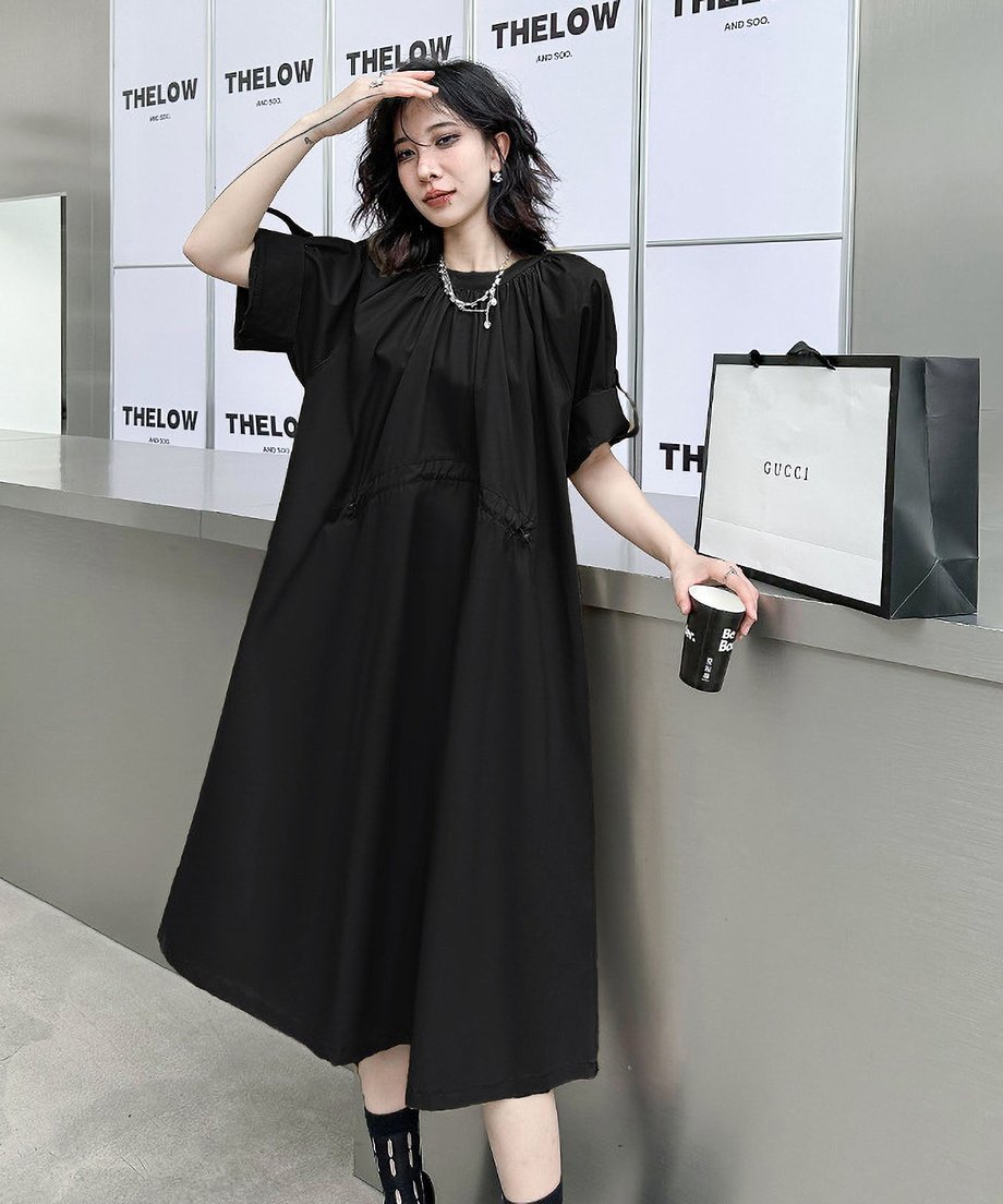 Rolled Sleeve Lace-Up Dress