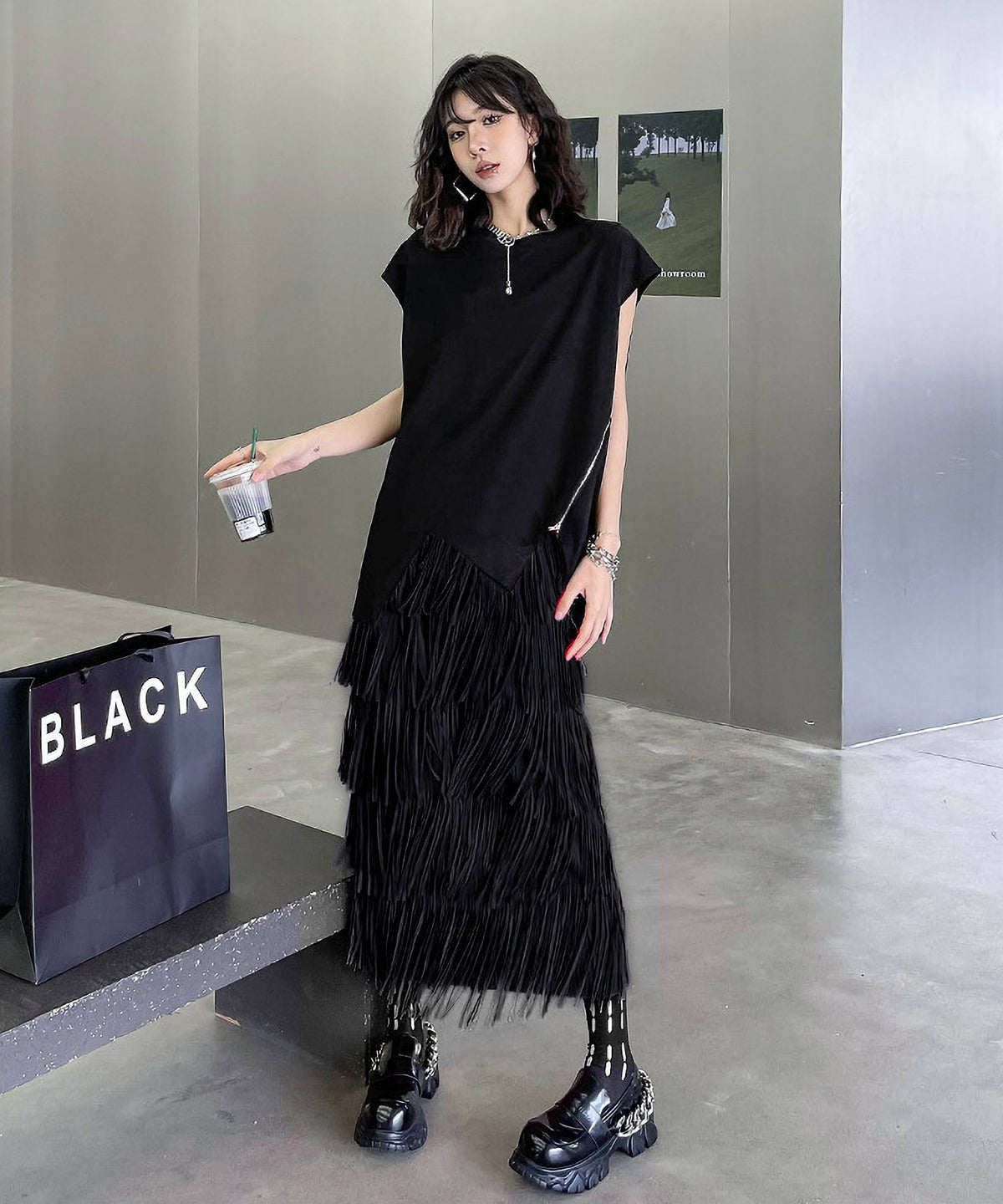 Fringe tiered skirt