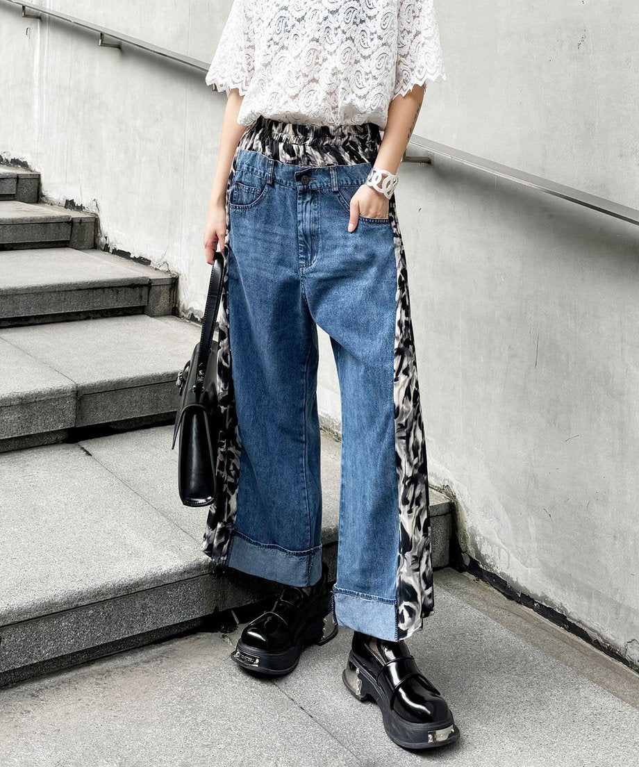 Side pleated denim pants